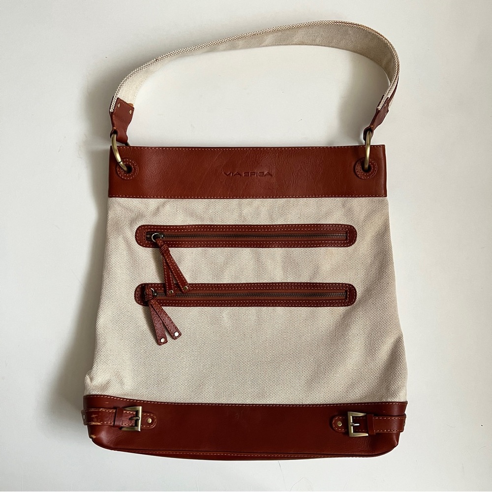 VIA SPIGA Leather and Canvas Tote Bag